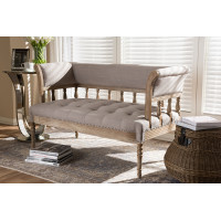 Baxton Studio TSF-9528-Beige/Natural-LS Nora Swedish Gustavian Style Distressed Oak Wood Linen Upholstered Sofa Settee
